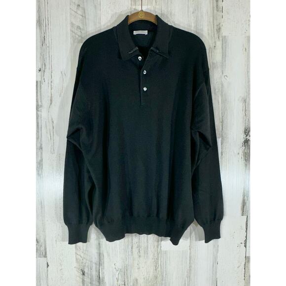 Gran Sasso Polo Sweater Size Large Black Wool Silk Cashmere Banded Bottom Italy - Picture 1 of 9